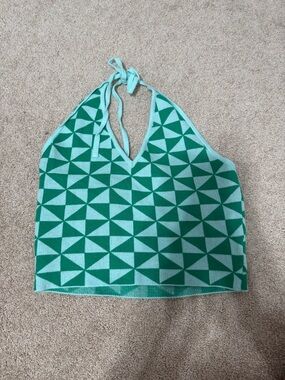 La Hearts Green and Mint Geometric Halter Swim Top With Open Back